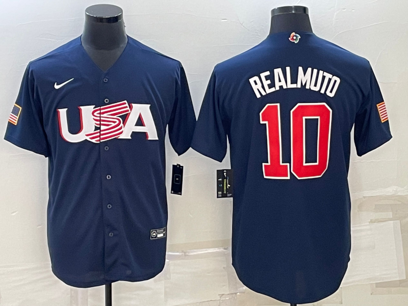 Men's USA Baseball #10 J.T. Realmuto 2023 Navy World Baseball Classic Stitched Jersey